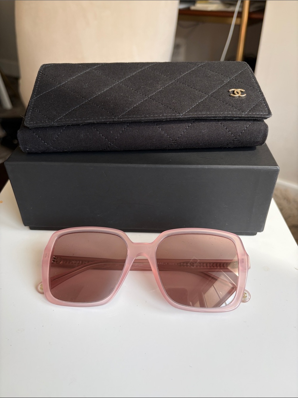 CHANEL Pink Oversized Square Sunglasses with Quilted Black Case